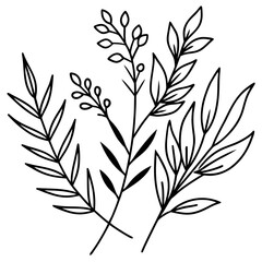 Naklejka premium Minimalist botanical elements in elegant line art — leaves, branches, and wildflowers — black ink vector strokes, natural flow, hand-drawn look, isolated on white background1
