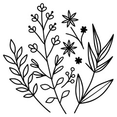 Minimalist botanical elements in elegant line art — leaves, branches, and wildflowers — black ink vector strokes, natural flow, hand-drawn look, isolated on white background1