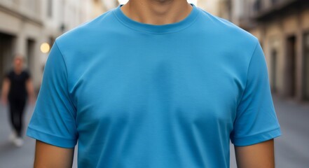 Young Model Shirt Mockup, Boy wearing blue t-shirt on street in daylight, Shirt Mockup Template on hipster adult for design print, Male guy wearing casual t-shirt mockup placement