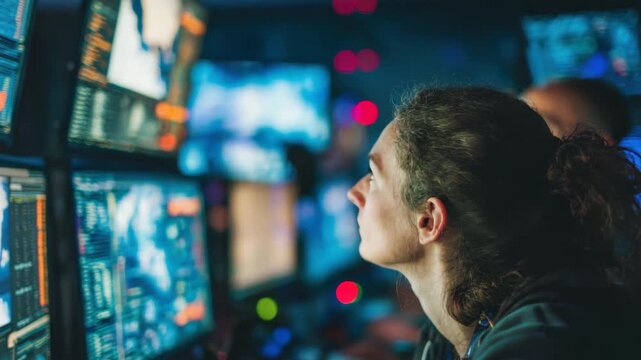 A woman intensely monitors multiple computer screens displaying complex data and surveillance feeds in a dark control room setting