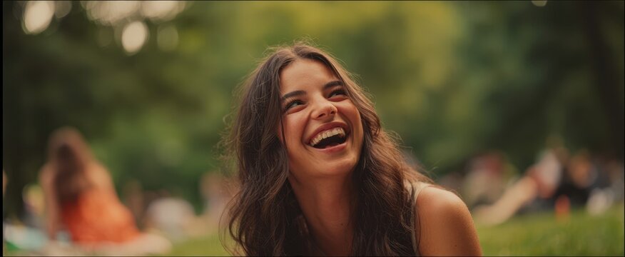 The joyful young woman laughing in a vibrant park setting.
