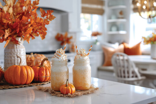 Autumn pumpkin spice latte with whipped cream and cinnamon on white kitchen counter decorated for fall with orange pumpkins and leaves