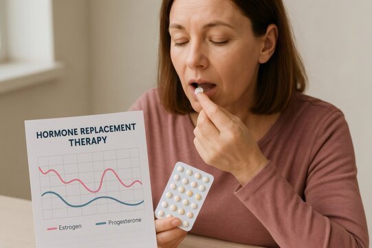 Mature woman taking hormone replacement therapy pills while holding medical prescription showing estrogen and progesterone levels