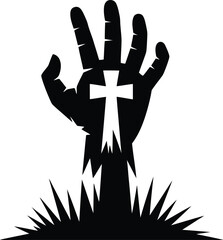 Zombie Hand Rising into Graveyard Cross &ndash; Black Halloween Silhouette Vector Illustration