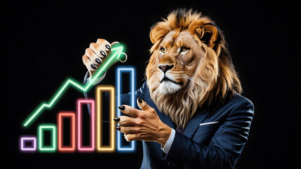 Lion-suited figure points to rising graph, symbolizing growth.
