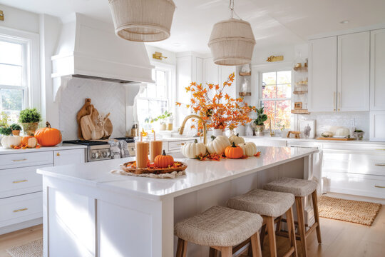 Autumn pumpkin spice latte with whipped cream and cinnamon on white kitchen counter decorated for fall with orange pumpkins and leaves