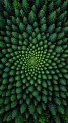A spiraling pattern of pine trees, viewed from above.  A symmetrical, geometric design of dark green needles, creating a repeating, concentric spiral