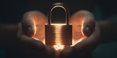 The padlock held gently in hands symbolizes security and trust.
