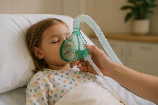 Nurse gently placing an oxygen mask on a young girl's face, preparing her for an upcoming surgery in a hospital room setting - Powered by Adobe