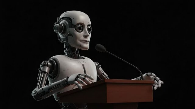 A humanoid robot passionately delivers a speech at a podium, showcasing advanced robotics and lifelike articulation in a futuristic setting.
