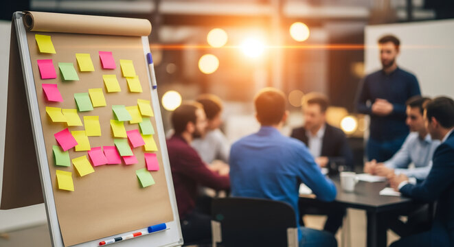 Collaborative Indoor Workshop Scene with Whiteboard Easel and Colorful Sticky Notes in Creative Meeting Setting