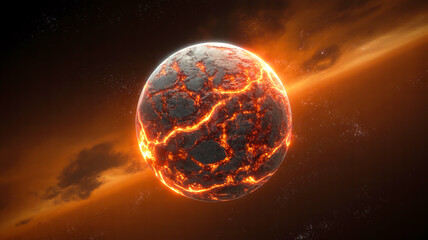 Obraz premium Digital artwork of a burning planet engulfed in flames, glowing embers, orbiting dark space, dramatic lighting