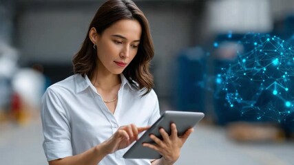 Woman and Tablet in Tech-Infused Warehouse: A focused woman uses a tablet with digital data projections in a modern warehouse, blending technology with industry. - Powered by Adobe