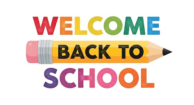 Welcome back to school text with colorful pencil isolated on white background