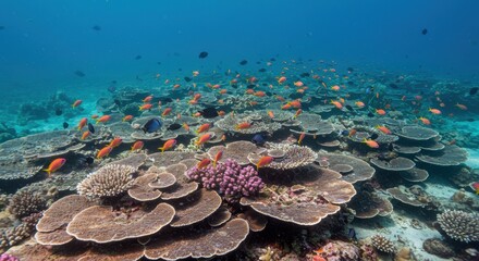 A Dazzling Display of Orange Anthias Above a Thriving Plate Coral Reef