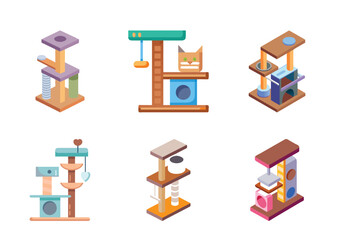 Isometric illustration featuring multiple cat trees in varying designs and colors