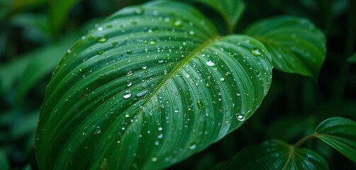 Obraz premium A large green leaf covered with water droplets after a rain