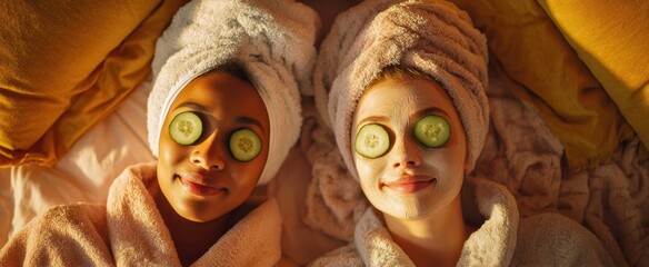 The two friends enjoying a relaxing spa day with cucumber slices on their eyes.