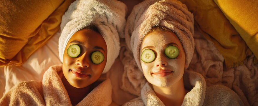The two friends enjoying a relaxing spa day with cucumber slices on their eyes.