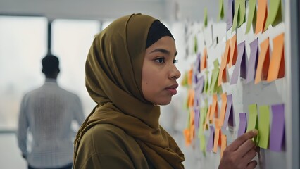Focused Muslim woman wearing hijab placing sticky notes during creative brainstorming session in modern office – teamwork, planning, and diversity in business environment