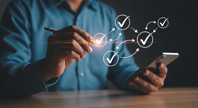 Person using a smartphone and stylus to mark checkmarks on a digital flowchart checklist task - Powered by Adobe
