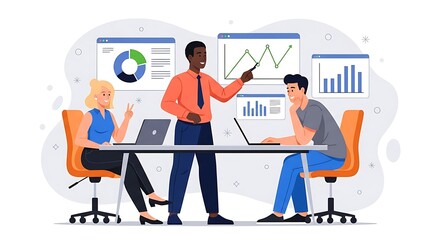 Fototapeta premium 3d illustration of a business team having a meeting and presentation in the office discussing charts and graphs with laptops