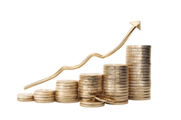 Growing stacks of coins with upward arrow.