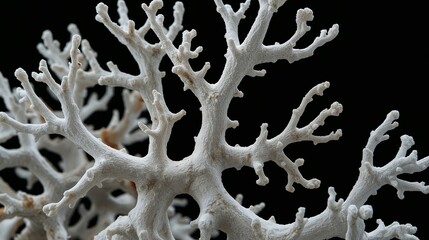 Intricate details of white coral branches, set against a dark, contrasting background.