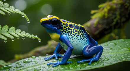 Obraz premium Vibrant Blue And Yellow Poison Dart Frog On Green Leaf In Rainforest