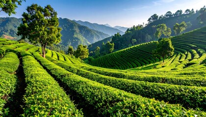 Green Tea Plantation on Rolling Hills Under Clear Blue Sky