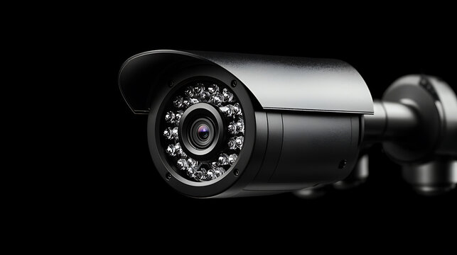 A black security camera with infrared LEDs is mounted on a wall, providing surveillance and safety for homes and businesses. On a black background