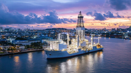 Obraz premium Modern drilling vessel seen from above at twilight, glowing floodlights casting sharp reflections on steel surfaces, harbor infrastructure faintly visible as the sky deepens into p