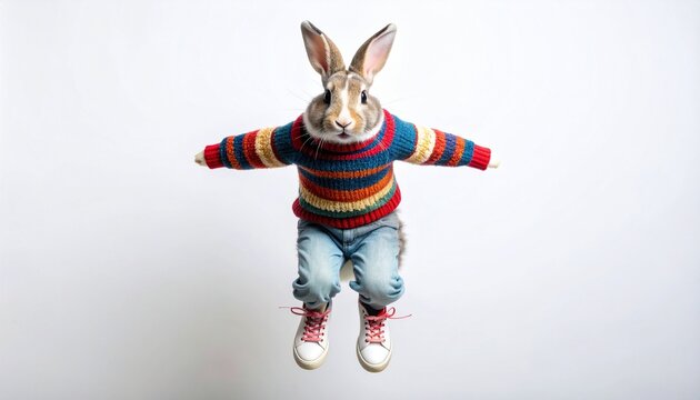 Rabbit in striped sweater and red sneakers—mid-air jump against plain white background, whimsical and energetic anthropomorphic scene.