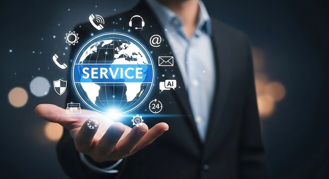 Businessman displays a glowing digital globe with service icons representing global connectivity and customer support