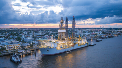Obraz premium Dramatic aerial perspective of offshore drilling ship bathed in artificial light, cranes and derricks outlined sharply against twilight blues, the vessel anchored peacefully amidst