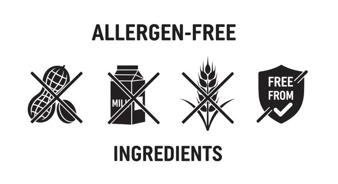 Allergen free ingredients icons with crossed out peanuts milk and wheat silhouette
