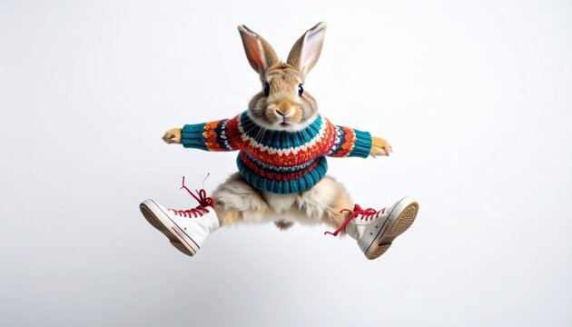 Rabbit in striped sweater and red sneakers—mid-air jump against plain white background, whimsical and energetic anthropomorphic scene. - Powered by Adobe