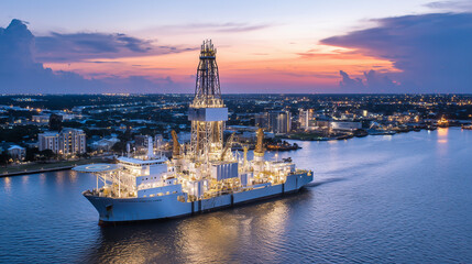 Naklejka premium Close aerial capture of a drilling shipâs lit deck and towering rig equipment against the fading twilight sky, the vesselâs reflection shimmering on smooth harbor waters under subt
