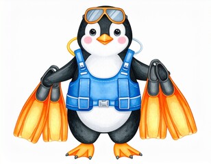 Obraz premium Cartoon penguin in scuba gear—blue vest, yellow-blue oxygen tank, orange flippers; black and white body with orange beak and feet—playful, aquatic, and whimsically adventurous.