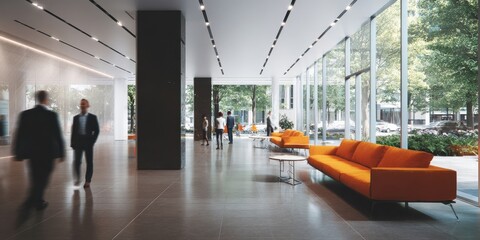 The modern office lobby featuring sleek furniture and vibrant orange sofas.
