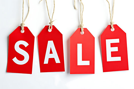 Red Sale Tags Suspended by Twine Against a White Backdrop Announcing Price Reductions and Limited Time Offers