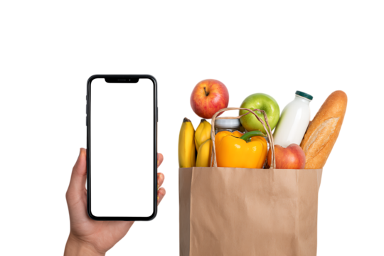 Smartphone and grocery bag with fresh food. Online ordering and delivery concept.
