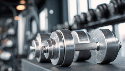 Close-up of metal dumbbells in a gym