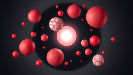 Red orbs of various sizes surround a glowing circular light against a dark backdrop