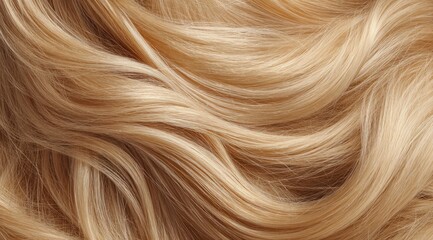 Close-up view of flowing, light-blonde hair.  Healthy, wavy tresses.  Soft, golden hue