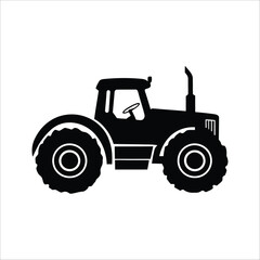 A black silhouette of a tractor with large tires and a visible steering wheel on white background
