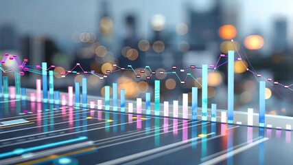 Colorful graphs showcase market trends and analysis against a blurred urban landscape, highlighting key financial insights and figures - Powered by Adobe