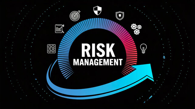 Digital graphic design illustrating risk management with icons, charts, and strategy elements on dark background
