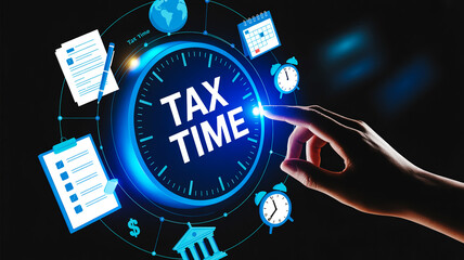Digital illustration of “TAX TIME” white text on dark blue circular clock-face virtual interface