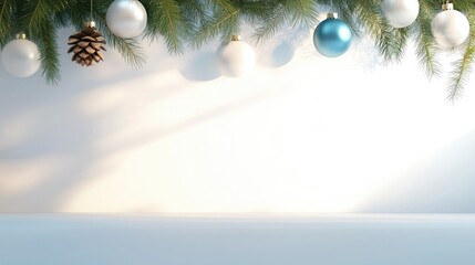Festive christmas ornaments on evergreen branch with pine cone and shadows